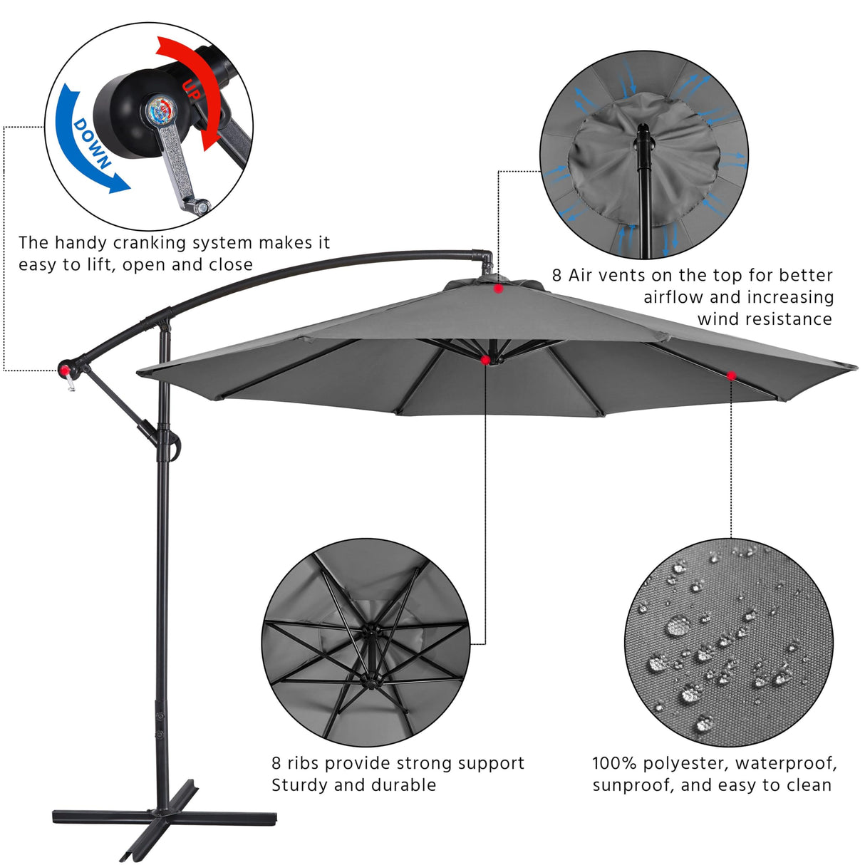 Yaheetech 10FT Patio Offset Umbrella - Cantilever Hanging Outdoor Umbrellas w/UV Protection & 8 Ribs & Handy Crank & Cross Base for Market/Garden/Lawn/Deck/Backyard/Pool - Gray Yaheetech