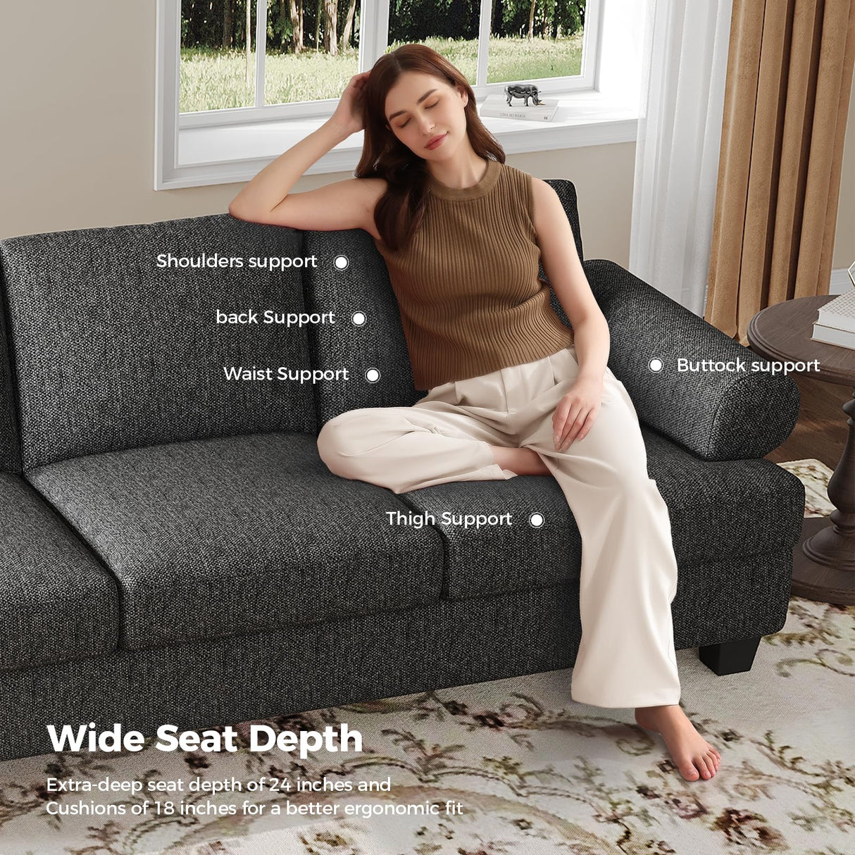 COPIAE 91 Inch Lawson Sofa with Extra Deep Seats Oversize, Mid-Century 3-Seat Sofa Couch, for Living Room, Apartment, Lounge, Dark Gray COPIAE