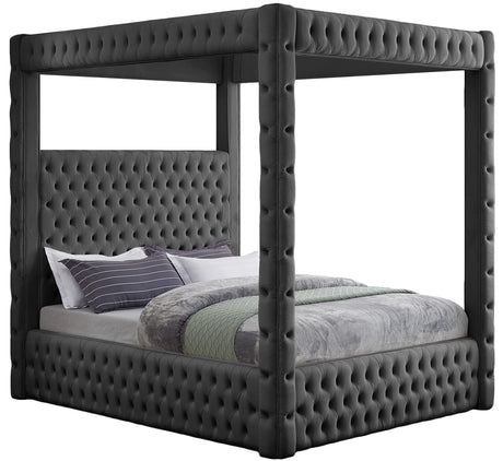 Meridian Furniture RoyalGrey-K Royal Collection Modern | Contemporary Velvet Upholstered King Bed with Soft Grey Velvet, Deep Elegant Tufting, Canopy, 86.5" W x 89" D x 87" H, Grey Meridian Furniture