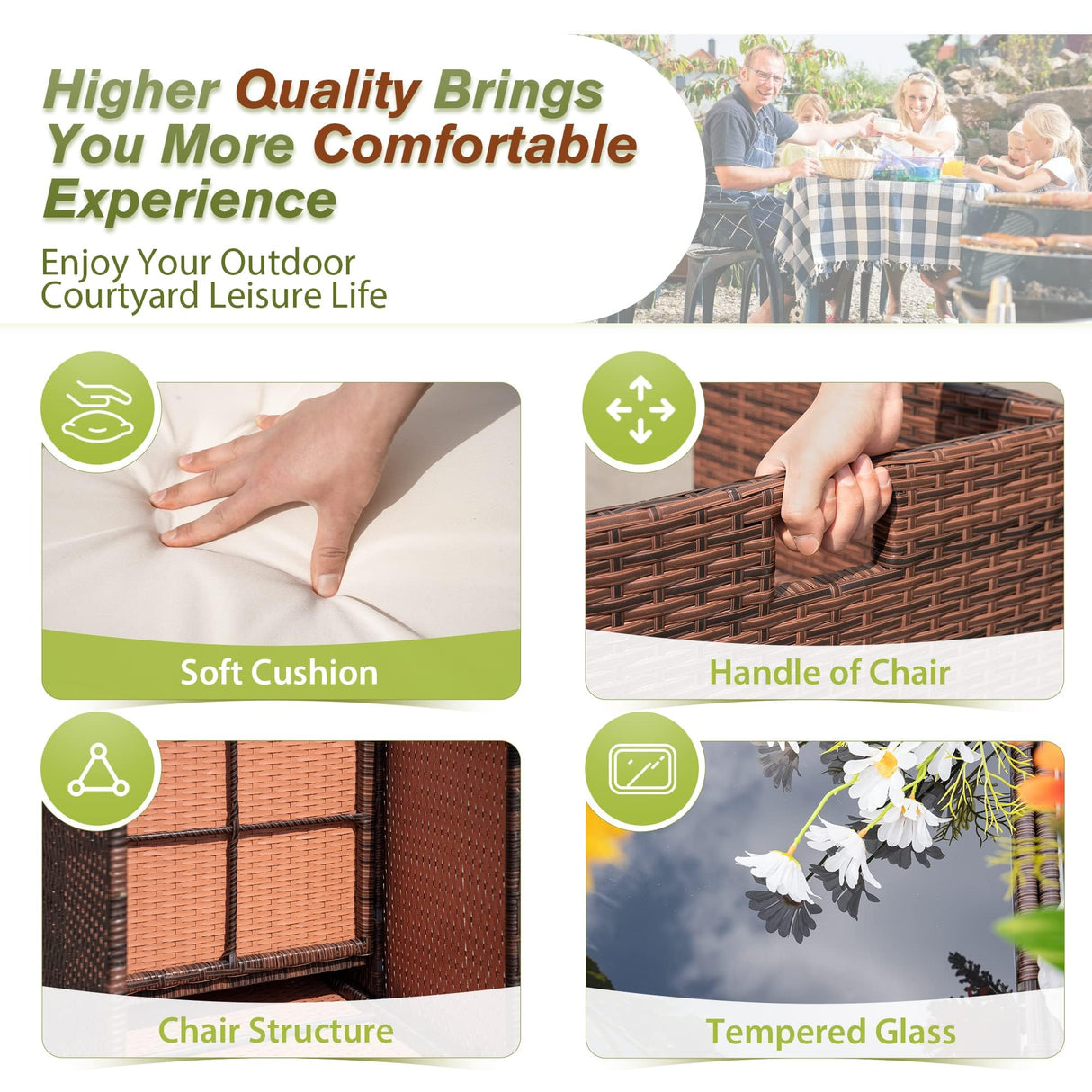 Devoko 9 Pieces Patio Dining Sets Outdoor Space Saving Rattan Chairs with Glass Table Patio Furniture Sets Cushioned Seating and Back Sectional Conversation Set (Beige) Devoko