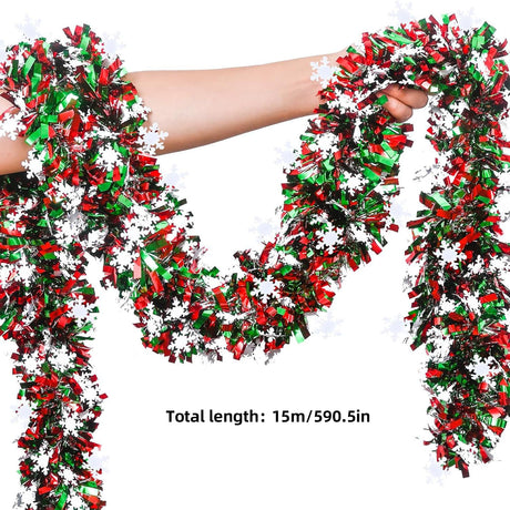 50 Feet Green Red Christmas Metallic Tinsel Twist Hanging Garland with Snowflake for Home Mantle Xmas Tree Staircase Railing New Year Holiday Party Indoor Outdoor Decorations CUADRNX