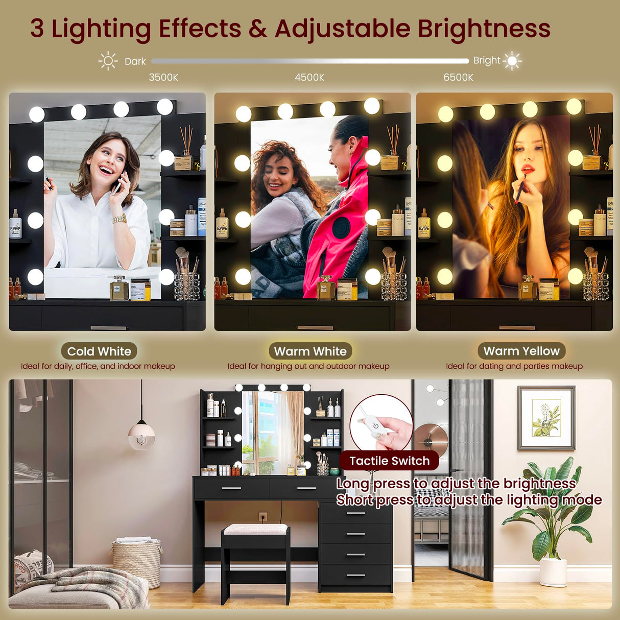 FIONESO Vanity Desk with Mirror & Lights, Makeup Vanity with 6 Drawers, 6 Open Shelves and Power Outlet, 48” Storage Makeup Vanity Desk with Stool Bench for Women, Girls, Bedroom, Black FIONESO