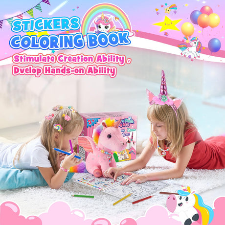 22-Piece Unicorn Gift Set for Girls Ages 3-8 | Pink Stuffed Animal Plush Toy with Jewelry Kit, DIY Coloring Book & Hair Accessories | Birthday Party Favors for Kids Toddler Girls Toys Toyze
