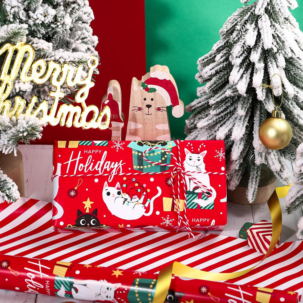 WRAPAHOLIC Reversible Cat Christmas Wrapping Paper - Mini Roll - 17 Inch x 33 Feet - Red Christmas Cat Wrapping Paper and Stripes Design for Holiday, Party Celebration WRAPAHOLIC