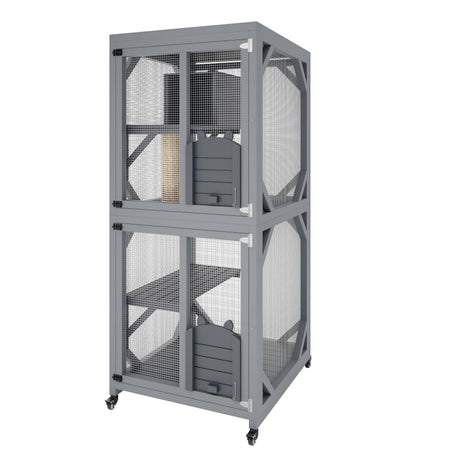 4 Tier Wood Catio Outdoor Window Cat Enclosure, Cat House On Wheels with Scratch Post, Resting Box, 4 Platforms, 2 Sliding Doors & Weatherproof Roof, Cats Kitty Condo Cage Shelter Playpen CuisinSmart