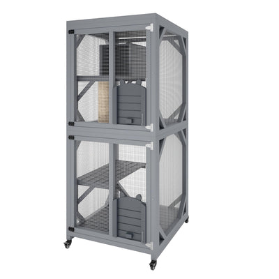 4 Tier Wood Catio Outdoor Window Cat Enclosure, Cat House On Wheels with Scratch Post, Resting Box, 4 Platforms, 2 Sliding Doors & Weatherproof Roof, Cats Kitty Condo Cage Shelter Playpen