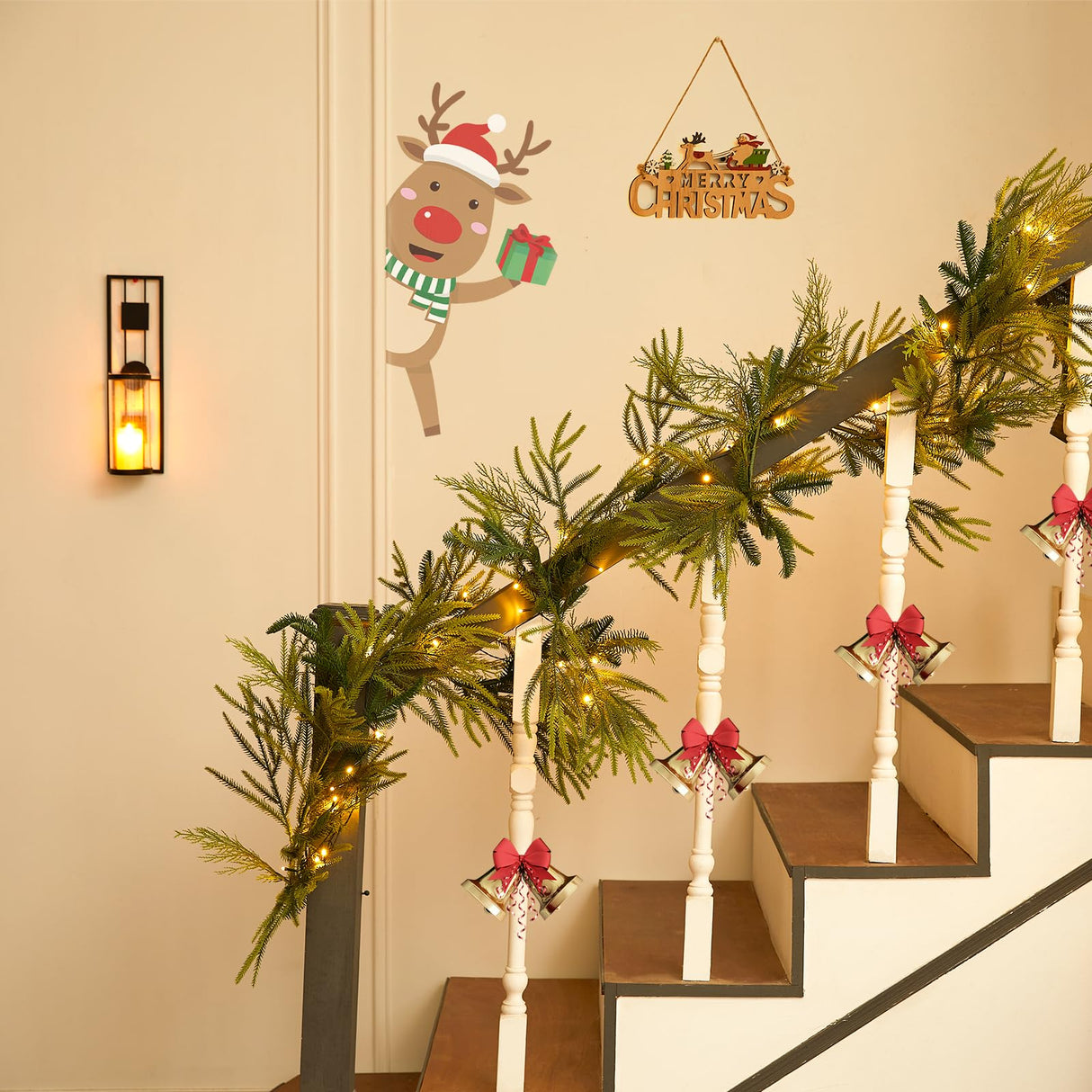 EXKRAEFT Christmas Pine Garland with Lights for Decorations 9FT Artificial Norfolk Pine Garland Realistic, Prelit Garland Lighted Christmas Garland for Mantle Christmas Garland Battery Operated EXKRAEFT