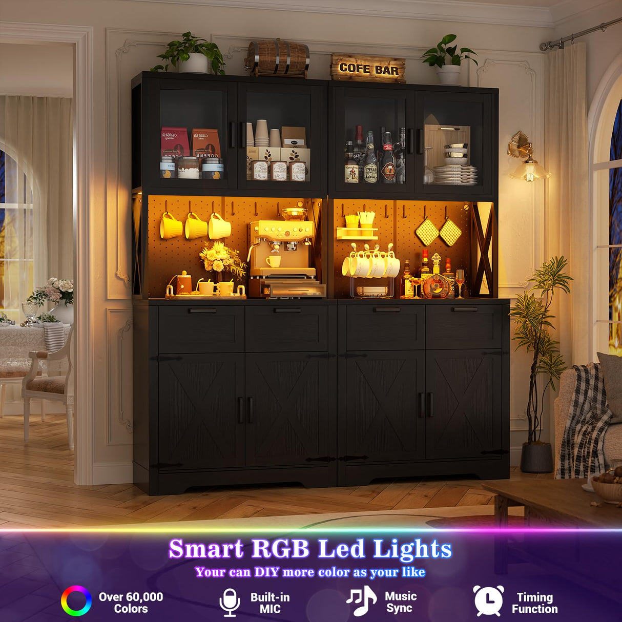 Unikito 71" Tall Kitchen Pantry Storage Cabinet with LED Light & Outlet, 63" Wide Kitchen Hutch Cabinet with Large Countertop, DIY Pegboard and Drawers, Farmhouse Food Pantry for Living Room, Black Unikito