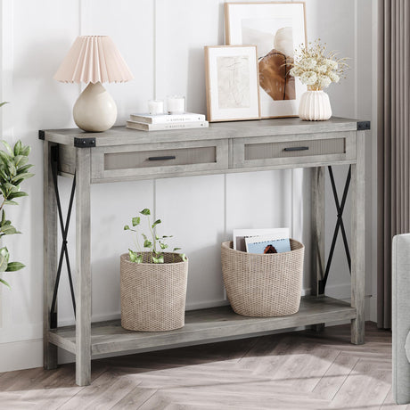 IDEALHOUSE Farmhouse Entryway Table, Grey Console Table with Rattan Drawers, 43" Sofa Table with Storage, Console Tables for Entryway, Living Room, Hallway, Foyer-Grey IDEALHOUSE