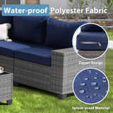 JOIVI 7 Pieces Outdoor Patio Furniture Set with 45” 50000BTU Fire Pit Table, Rattan Patio Conversation Set with Coffee Table, L-Shaped Sectional Sofa and Propane Fire Pit Set, Navy Blue JOIVI