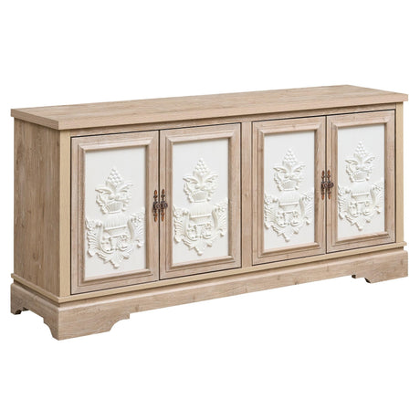 Yechen 63" Vintage Farmhouse Sideboard Buffet Cabinet with 3D Decorative Doors | Light Oak Wood Credenza with Sturdy Frame & Antique Handles | for Living Room, Kitchen, Entryway Yechen