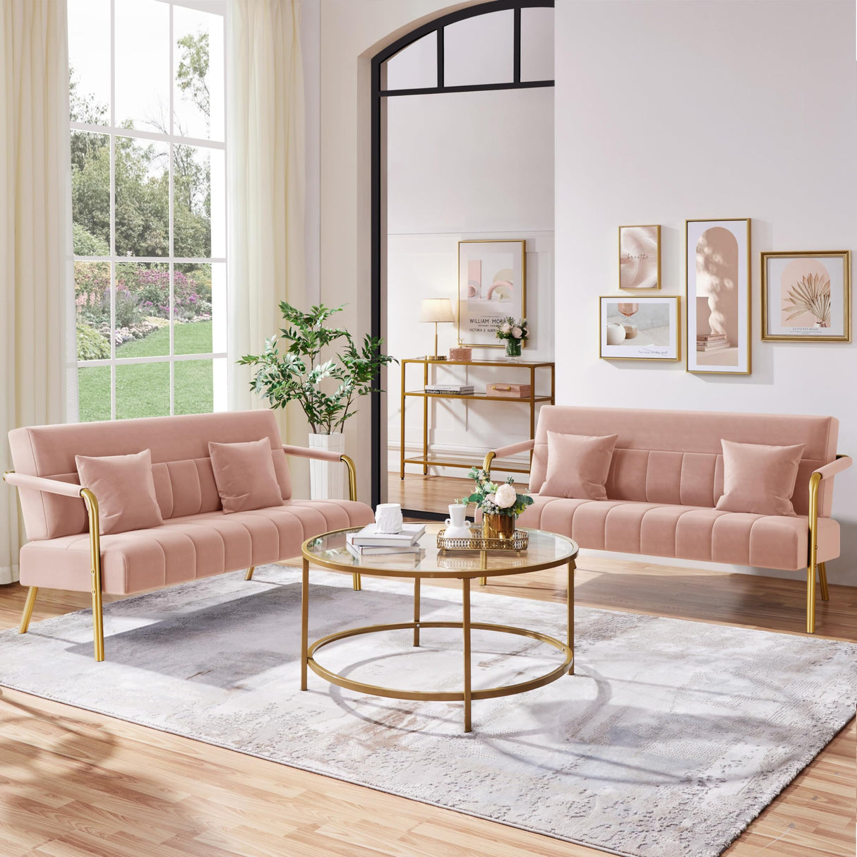 Yaheetech 56.5" W Modern Loveseat 2 Seater Sofa Luxurious Velvet Fabric Couch with Gold-Tone Metal Arms and Legs for Living Room, Home Office, Studio Pink Yaheetech