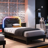 LIKIMIO Twin Bed Frames with Lighted Headboard, Upholstered Modern Cama Twin Platform Bed with Heavy Duty Supports, No Box Spring Need, Noise Free, Easy Assembly, Black LIKIMIO