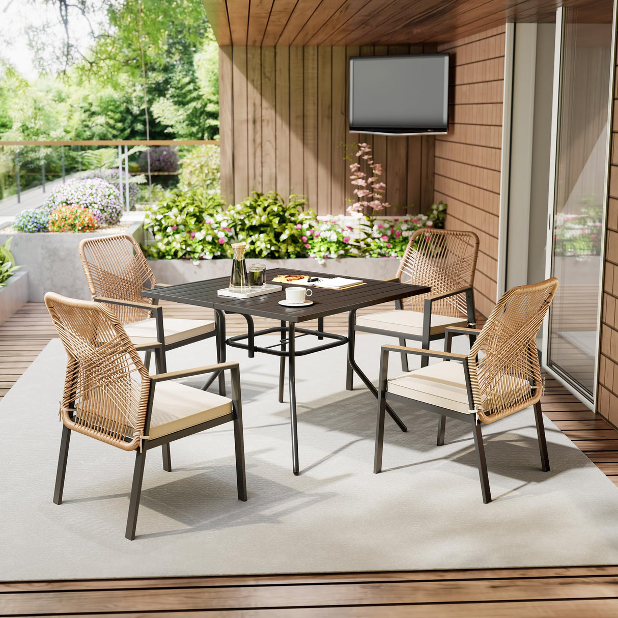 SUNCOZE Outdoor Patio Dining Set, 5 Pieces Rattan Patio Table and Chairs Set with Cushion and Umbrella Hole, Wicker Outdoor Patio Furniture Sets of 4 for Backyard and Porch, Beige SUNCOZE