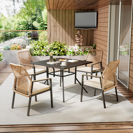 SUNCOZE Outdoor Patio Dining Set, 5 Pieces Rattan Patio Table and Chairs Set with Cushion and Umbrella Hole, Wicker Outdoor Patio Furniture Sets of 4 for Backyard and Porch, Beige SUNCOZE