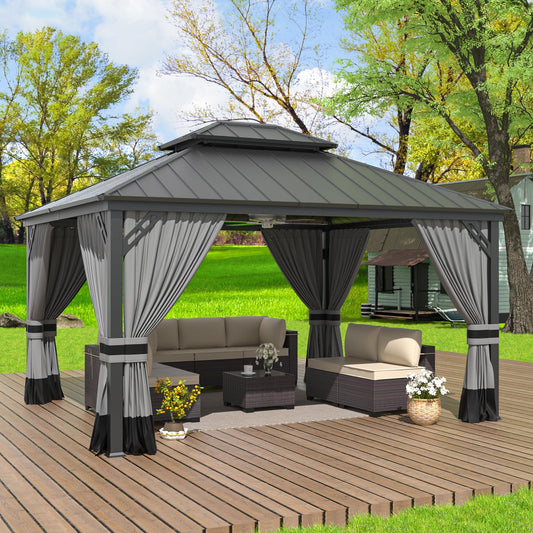 ALAULM 12'x14' Hardtop Gazebo, Outdoor Double Roof Canopy with Netting and Curtains, Galvanized Metal Frame, Sunshade for Patio, Backyard, Deck and Lawns-Gray