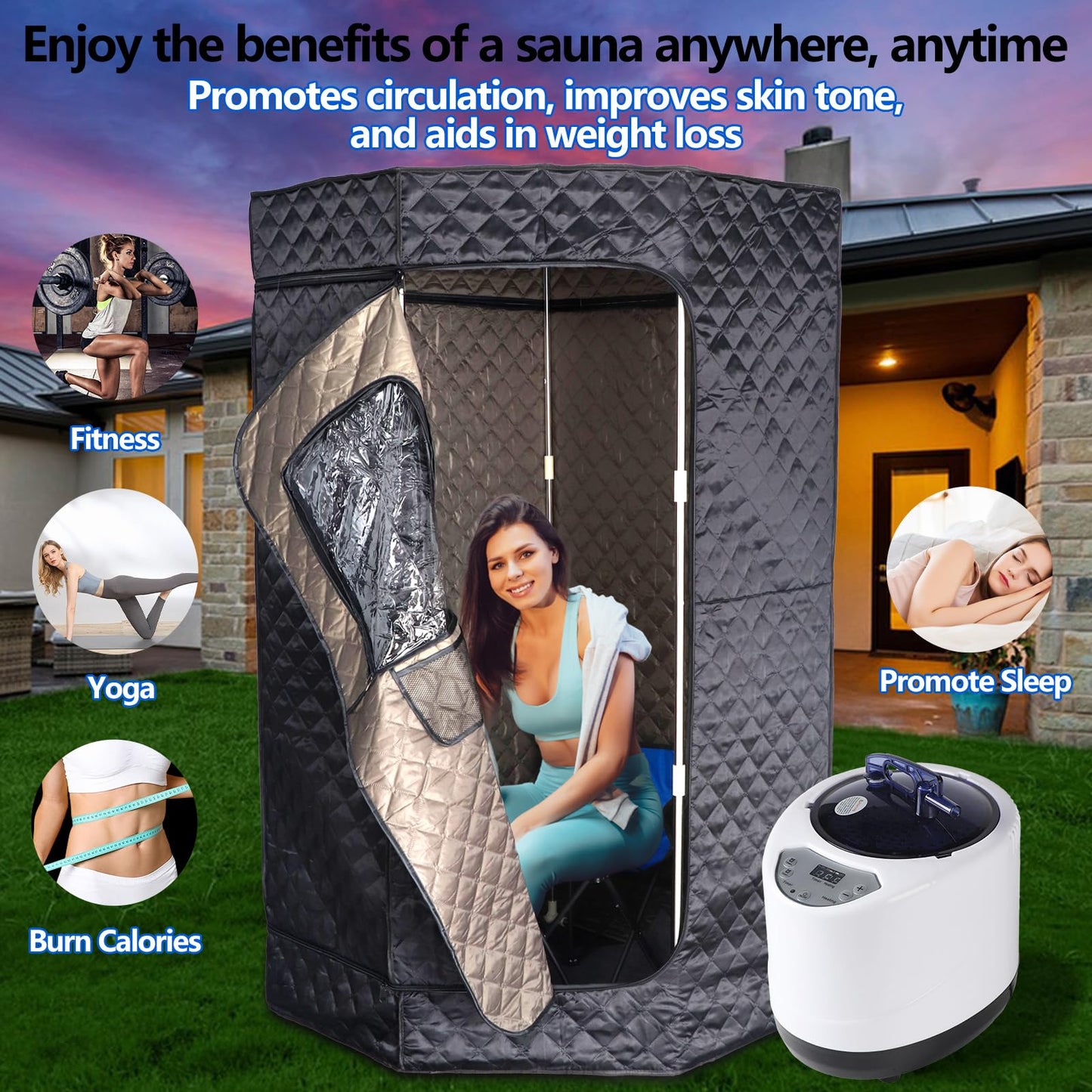 PEEKO Portable Sauna for Home, Full Size Personal Pentagon Sauna Tent with 3L Capacity 1200w Steamer, Foldable Chair, Sweat Mat, Remote Controller Included