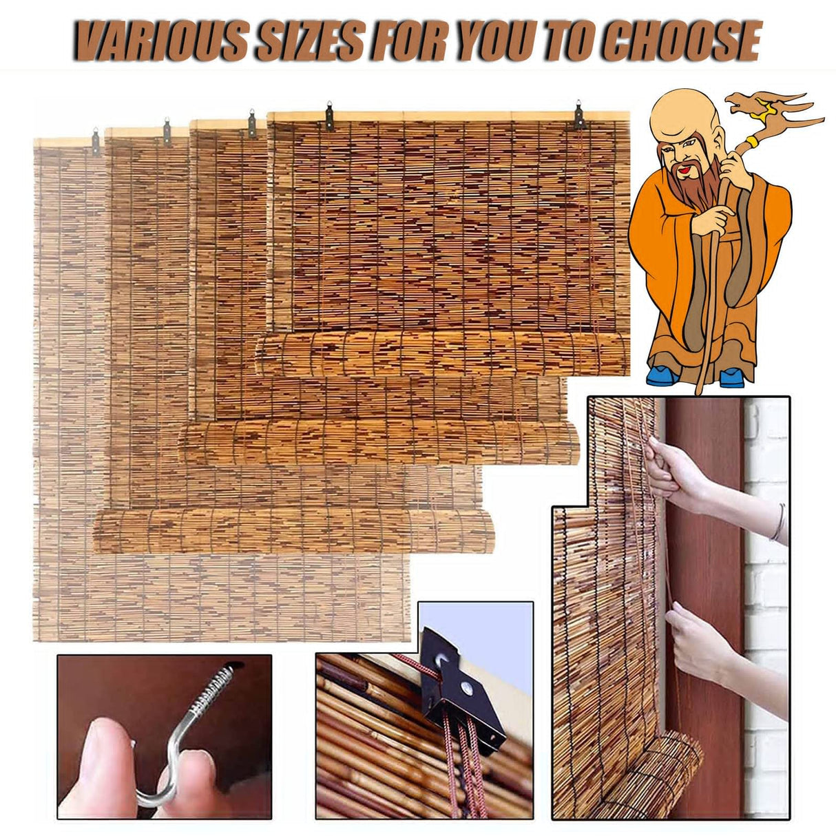 Bamboo Shade Bamboo Blinds Reed Shades Outdoor for Patio, Bamboo Blind Bamboo Roll Up Blinds, Outdoor Blinds, Bamboo Roll Up Shades for Porch/Garden/Sunroom Privacy 31x54inches（W×H） White WEZINK