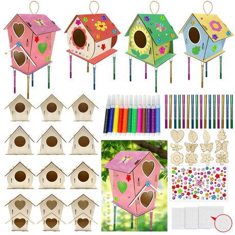 12 Sets DIY Wooden Birdhouses Wind Chime Craft Kit to Build and Paint,Wooden Unfinished Bird House with Watercolor Pen and Strips for Boy Girl Wood Crafts Creative DIY Art Bulk Painting Kits (12 Big) Cinrobiye