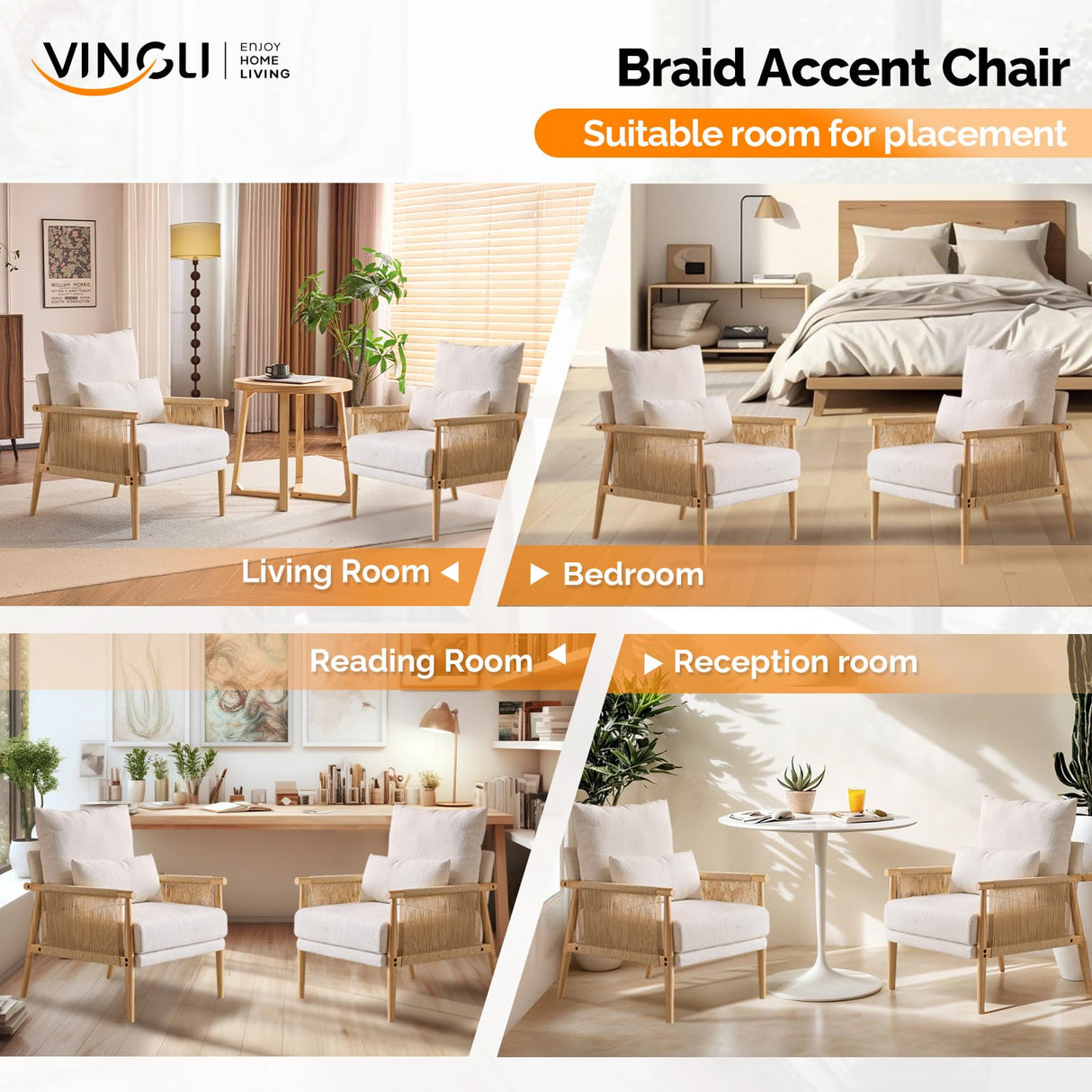 VINGLI Braid Accent Chairs Set of 2,Mid-Century Modern Armchiars with Solid Wooden Armrest,Comfy Louge Chairs with Waist Pillow for Bedroom,Living Room,Reading Room, Beige VINGLI