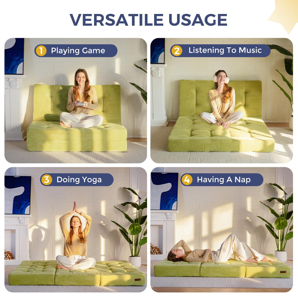 MAXYOYO Tri-Fold Mattress, 6 Inch Tufted Folding Mattress Full Foam Bed, Foldable Floor Couch Guest Bed Topper Portable Camping Sleeper with Corded Fabric, Green, 53"x75" MAXYOYO