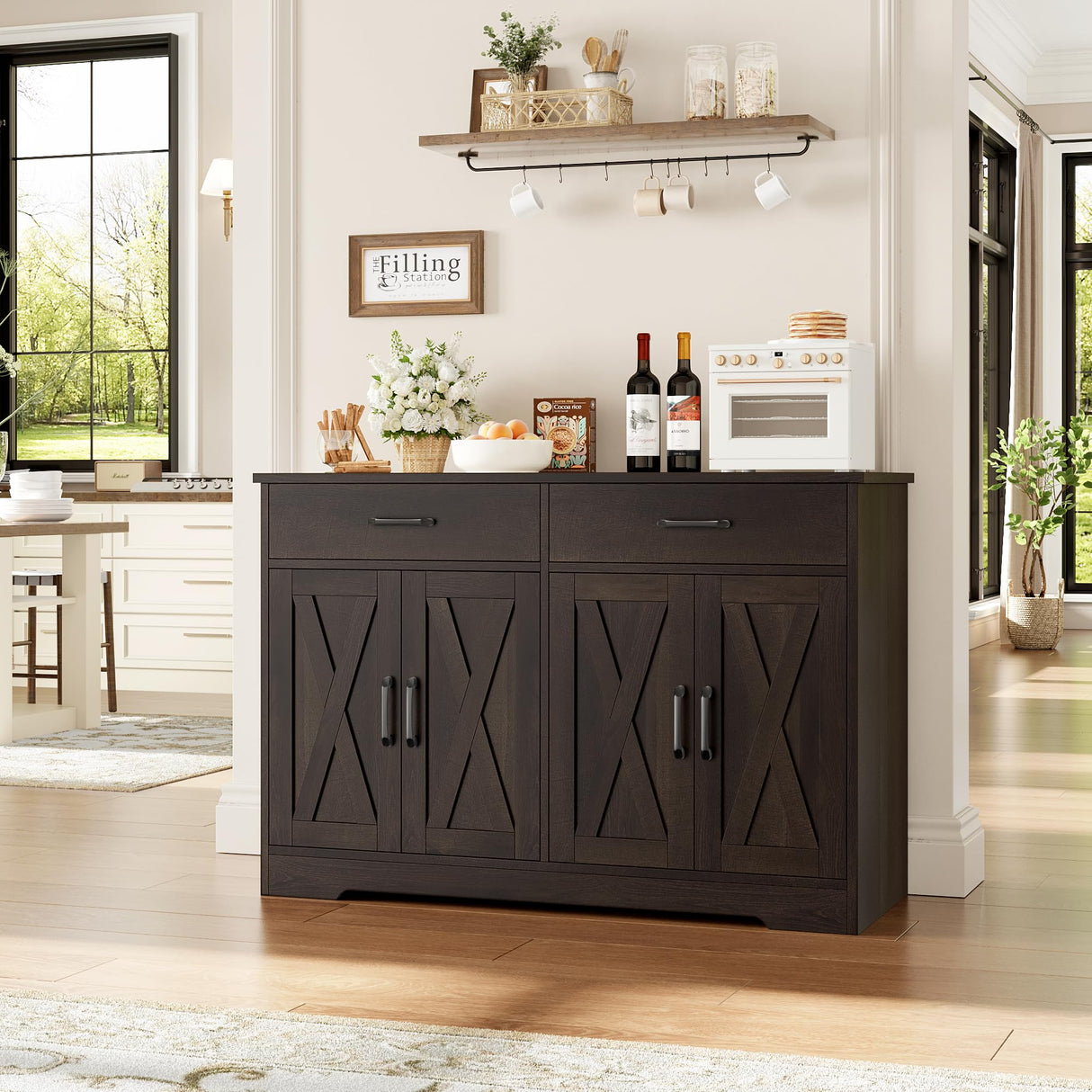 HOSTACK Coffee Bar Cabinet, 47.2" Buffet Cabinet with Storage, Modern Farmhouse Kitchen Buffet Sideboard with Drawers and Shelves, Barn Doors Storage Cabinet for Living Room, Dark Brown HOSTACK