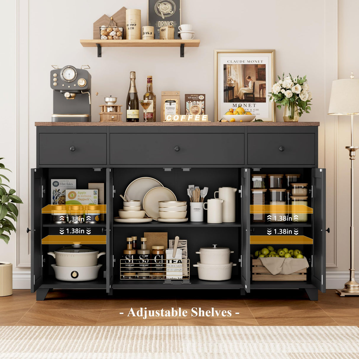 HIFIT 55" Large Kitchen Buffet Cabinet with Storage Drawers, Farmhouse Sideboard Buffet Table Storage Cabinet with Doors and Shelves, Wood Coffee Bar Cabinet for Kitchen Dining Living Room, Black HIFIT