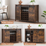 GarveeHome 47 in Coffee Bar Cabinet w/16 Wine & Glass Rack, Storage Shelves Farmhouse Wine Bar Cabinet w/Sliding Barn Door Rustic Large Buffet Sideboard Cabinet for Dining Room, Rustic Brown GarveeHome