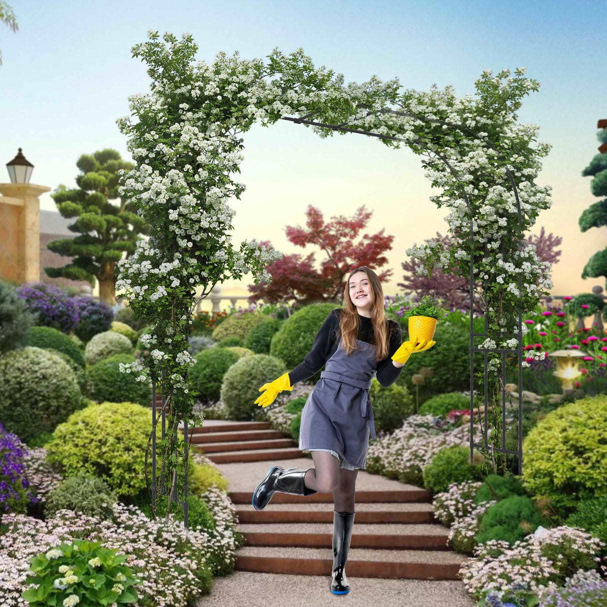 BUKLIYN Garden Arch Trellis - Length: 98.5in, Height: 94.5in Iron Garden Arch Arbor Trellis for Climbing Plants Outdoor - Garden Arch for Lawn, Party, Ceremony Wedding Decoration (Black) BUKLIYN