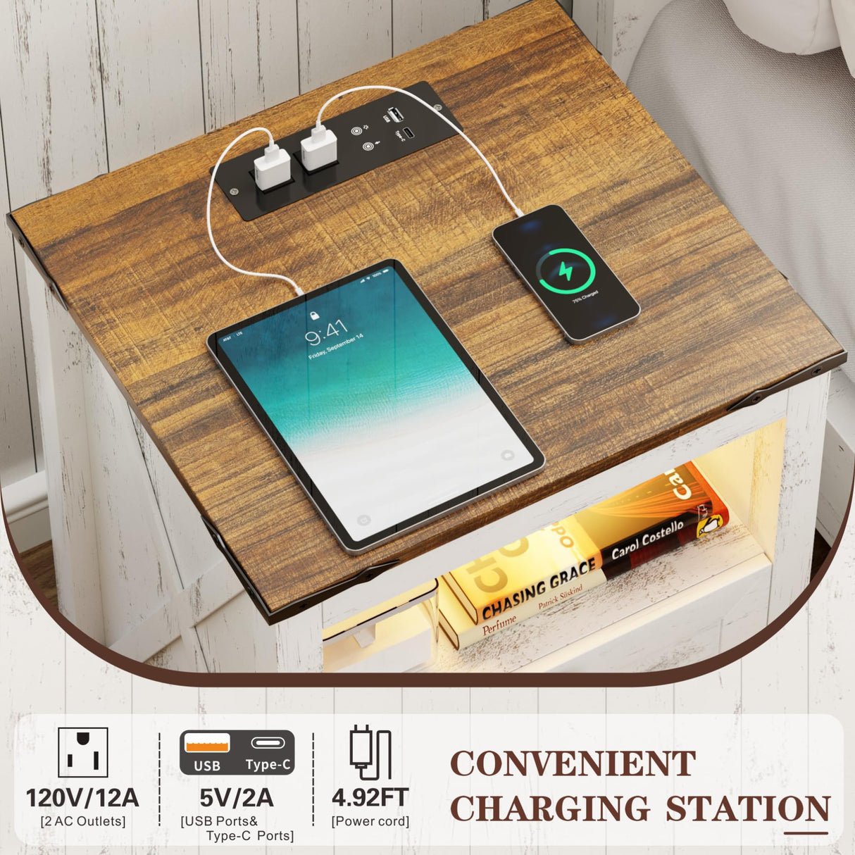 FREDEES Farmhouse Nightstand with Charging Station & Power Outlets, Smart LED Night Stand with Human Sensor 3 Color Lights&Drawers, Farmhouse End Side Table for Bedroom/Living Room, Antique White FREDEES