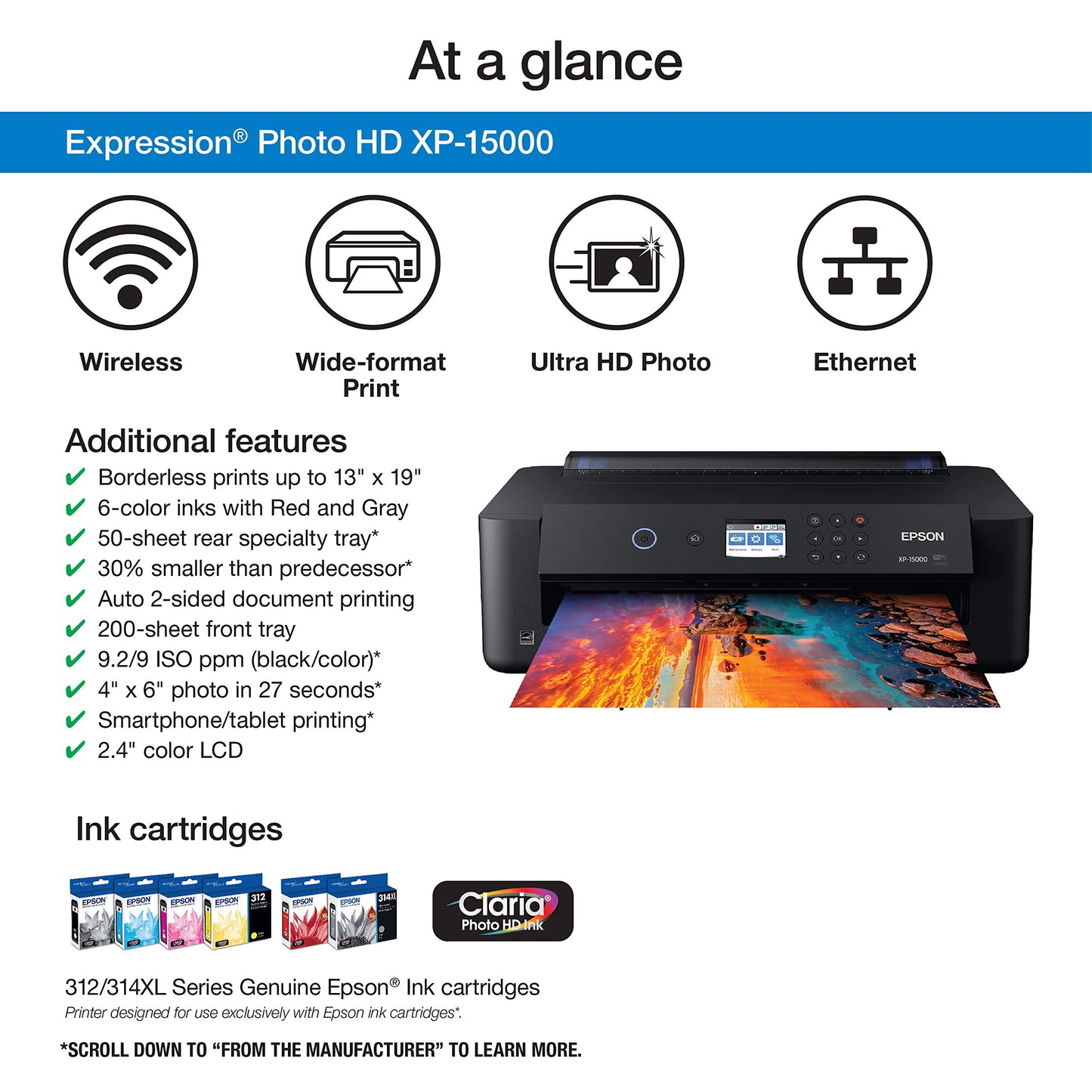 Epson Expression Photo HD XP-15000 Wireless Color Wide-Format Printer, Amazon Dash Replenishment Ready, Black, Large