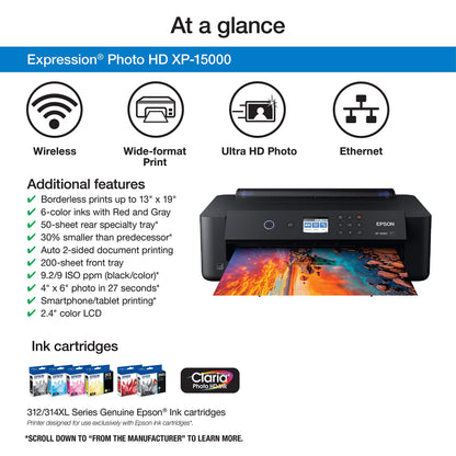 Epson Expression Photo HD XP-15000 Wireless Color Wide-Format Printer, Amazon Dash Replenishment Ready, Black, Large