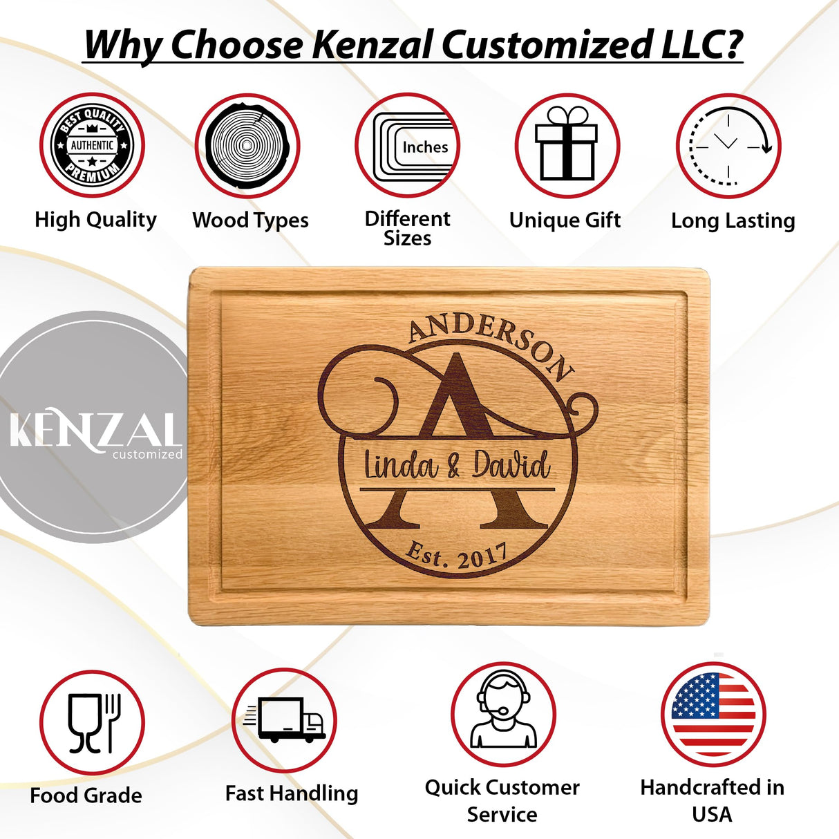 Personalized Wood Cutting Boards, 9 Designs, Custom Engraved Gifts Chopping Block, Couple Gift for Wedding, Anniversary, Bridal Shower, Engagement, House Warming Gifts New Home, Gifts for Mom - Dad Kenzal Customized