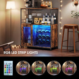 ZERDER Wine Bar Cabinet with LED Light, Home Coffee Cabinet with Wine Rack and Glass Holder, Bar Cabinet with Storage Shelf and Cabinet, Freestanding Liquor Cabinet for Living Room, Dining Room ZERDER