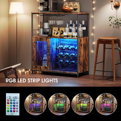 ZERDER Wine Bar Cabinet with LED Light, Home Coffee Cabinet with Wine Rack and Glass Holder, Bar Cabinet with Storage Shelf and Cabinet, Freestanding Liquor Cabinet for Living Room, Dining Room