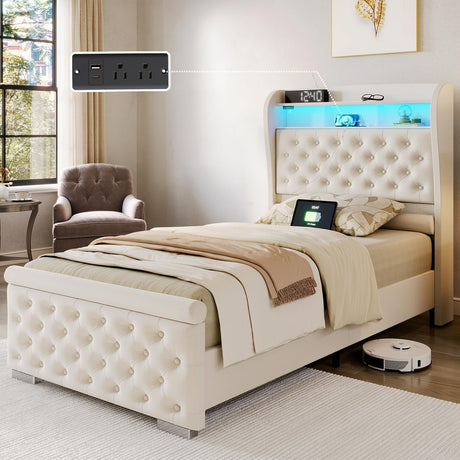 ROCHECASA Twin Bed Frame with Storage, Velvet Upholstered Bed with Charging Station and LED Light, Deep Button Tufted Wingback Headboard, No Box Spring Needed, Noise Free, Easy Assembly, Cream ROCHECASA
