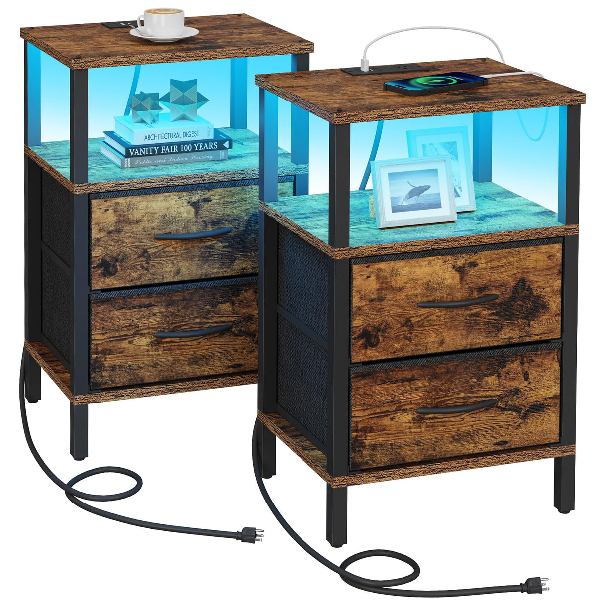 TUTOTAK LED End Table with Charging Station, Nightstand with Cloth Drawer, Side Table with Outlets, Set of 2, Couch Table, Brown TB01BB068 TUTOTAK