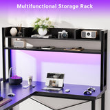 Unikito Large U Shaped Computer Desk with Hutch, Customizable Reversible L Shaped Office Desks with Power Outlets & LED Lights, Corner Gaming Table with Monitor Stand, 122” 2 Person Long Desk, Black Unikito