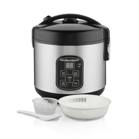 Hamilton Beach Digital Programmable Rice Cooker & Food Steamer, 8 Cups Cooked (4 Uncooked), With Steam & Rinse Basket, Stainless Steel (37518) Hamilton Beach