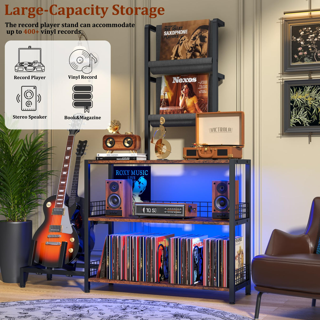 kepptory Tall Vinyl Record Player Stand with LED Lights, 3 Tier Record Storage Cabinet with Vinyl Holder and Guitar Stand, Media Display Shelf, Mid Century Modern Bookshelf, Turntable Stand (Brown) kepptory
