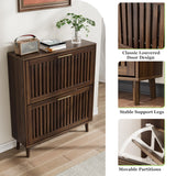 Shoe Cabinet, Shoe Storage Cabinet with Louvered 2 Flip Drawers, Narrow Shoe Cabinet Storage for Entryway, Freestanding Shoe Organizer Cabinet with Golden Handles, Slim Shoe Rack Cabinet (Walnut) Algherohein