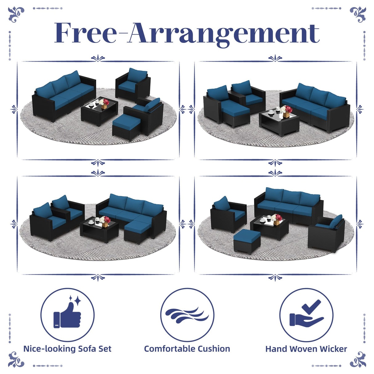 KIGOTY Patio Furniture Set 7 Pieces Conversation Sets, Outdoor Sectional Sofa, All-Weather PE Rattan Modular Sofa with Cushions and Glass Coffee Table（Brown/Peacock Blue,C） KIGOTY