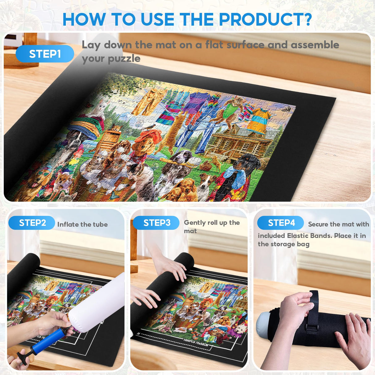 Jigsaw Puzzle Mat Roll Up 1500 2000 3000 Piece Portable Table Puzzle Board Mat Saver Keeper, Smooth Top & Non-Slip Felt Bottom with 6 Sorting Trays, Storage Bag, Inflatable Roller for Kids Adults Gift Brmoka