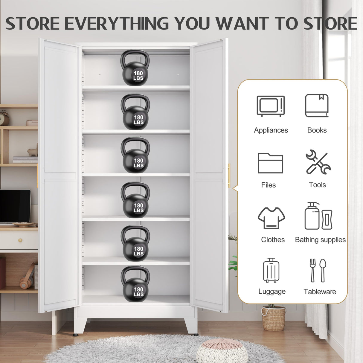 GAIOUS 75.2" Tall Pantry Cabinet, Kitchen Pantry Storage Cabinets with 2 Door and 5 Adjustable Shelves, White Metal Pantry Storage Cabinet, Cupboard for Kitchen, Dining Room, Living Room and Bathroom GAIOUS