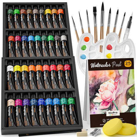 Nicpro 78PCS Watercolor Paint Set for Adults, Kid, Beginner & Artists, 36 Tubes Water Color Paint Set with 25 Watercolor Paper, 8 Squirrel Paint Brushes, Palettes, Color Wheel, Art Painting Supplies Nicpro