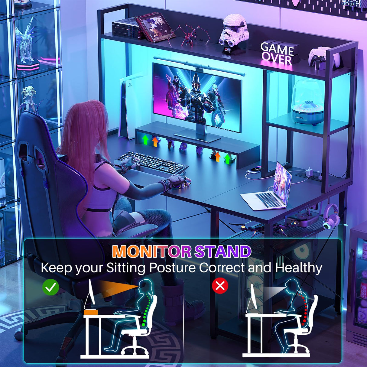 Cyclysio Gaming Desk with Hutch, 47'' Computer Desk with LED Lights & Power Outlets, Home Office Desk with Reversible 5 Tiers Storage Shelves & Monitor Stand, Small Gaming Table for Small Space, Black Cyclysio