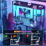 Cyclysio Gaming Desk with Hutch, 47'' Computer Desk with LED Lights & Power Outlets, Home Office Desk with Reversible 5 Tiers Storage Shelves & Monitor Stand, Small Gaming Table for Small Space, Black Cyclysio