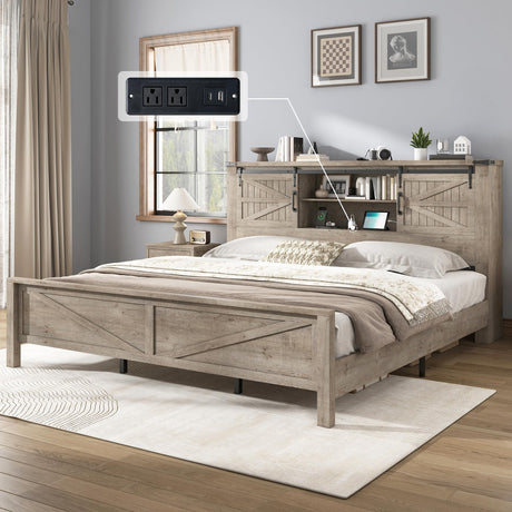 AMERLIFE Farmhouse King Bed Frame, Rustic Wood Platform Bed w/Barn Door Storage Bookcase Headboard & Charging Station, Bedroom Furniture, No Box Spring Needed, Light Grey AMERLIFE