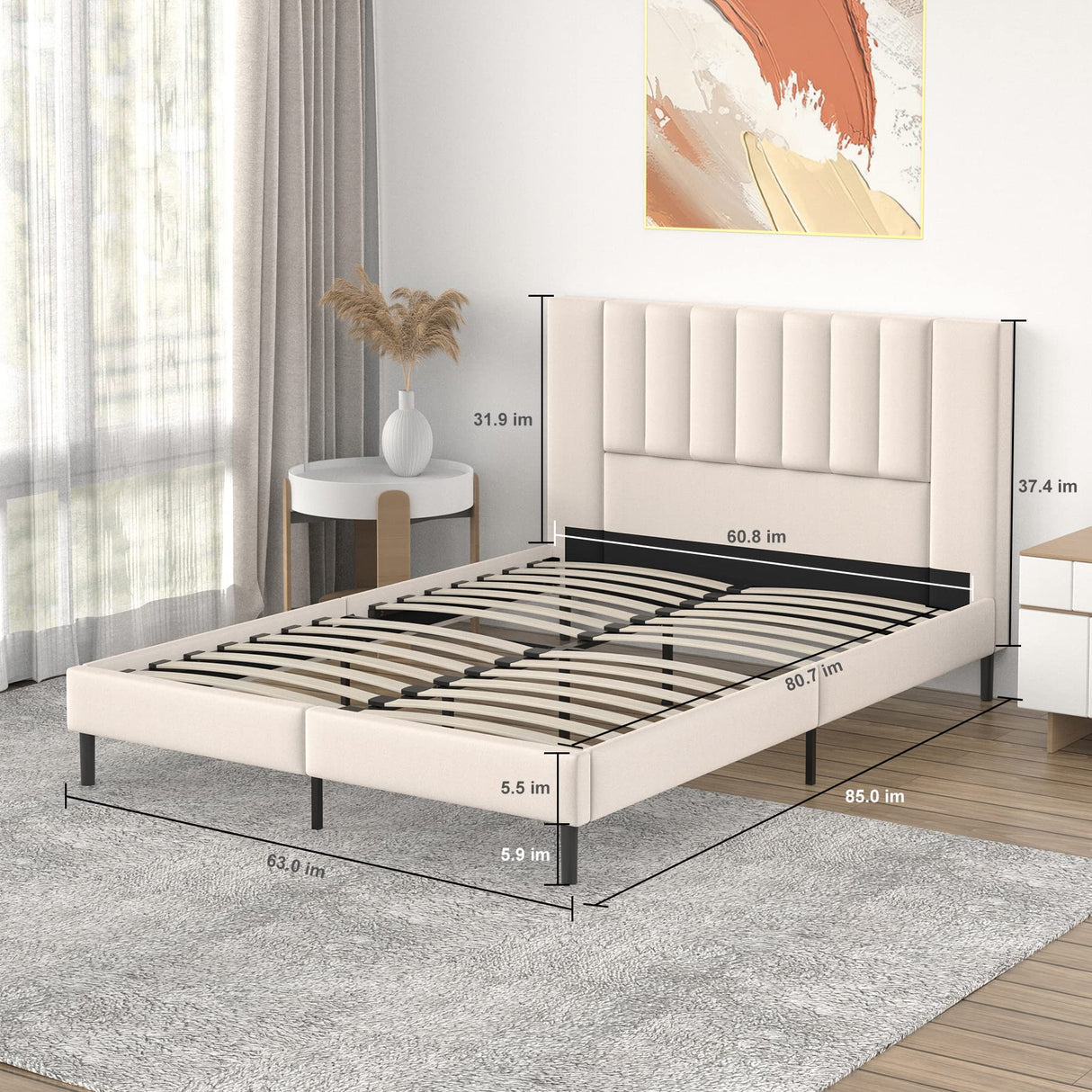 Flolinda Queen Size Platform Bed Frame with Velvet Upholstered Headboard and Wooden Slats Support, Fully Upholstered Mattress Foundation/No Box Spring Needed/Easy Assembly, Beige Flolinda