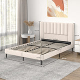 Flolinda Queen Size Platform Bed Frame with Velvet Upholstered Headboard and Wooden Slats Support, Fully Upholstered Mattress Foundation/No Box Spring Needed/Easy Assembly, Beige Flolinda